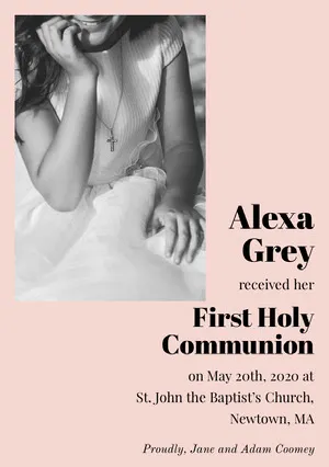 Pink, Black and White First Holy Communion Announcement Card First Communion Annoucement