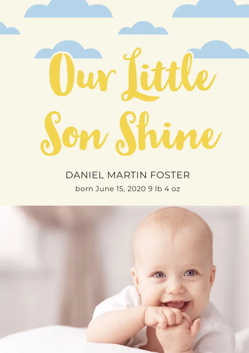 Yellow Pun Baby Boy Birth Announcement Card with Photo