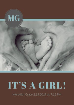 Gray and Brown Baby Girl Birth Announcement Card Birth Announcement