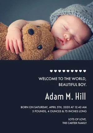 Dark Blue Baby Boy Birth Announcement Card with Sleeping Baby with Teddy Bear Birth Announcement