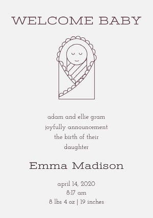 Black and White Illustrated Baby Girl Birth Announcement Card Birth Announcement