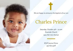 White and Gold Baptism Announcement and Invitation Card with Boy Baptism Announcement
