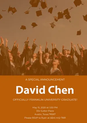 Orange Graduation Announcement Card with Students Throwing Mortarboards Photo Graduation Announcement