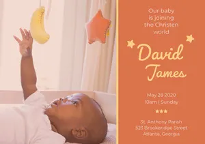 Orange Baptism Announcement and Invitation Card with Baby Boy Baptism Announcement