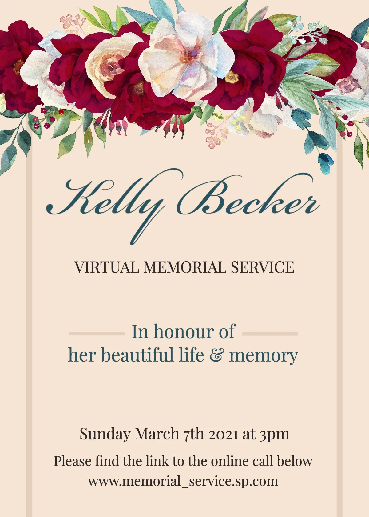 Cream & Red Floral Funeral Invitation Card