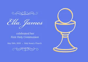 Blue and Yellow  First Holy Communion Announcement Card First Communion Annoucement