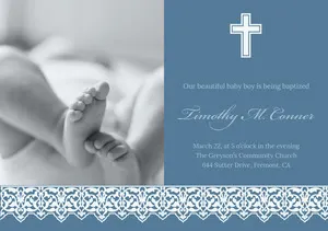 Blue Baptism Announcement and Invitation Card with Feet of Baby Baptism Announcement