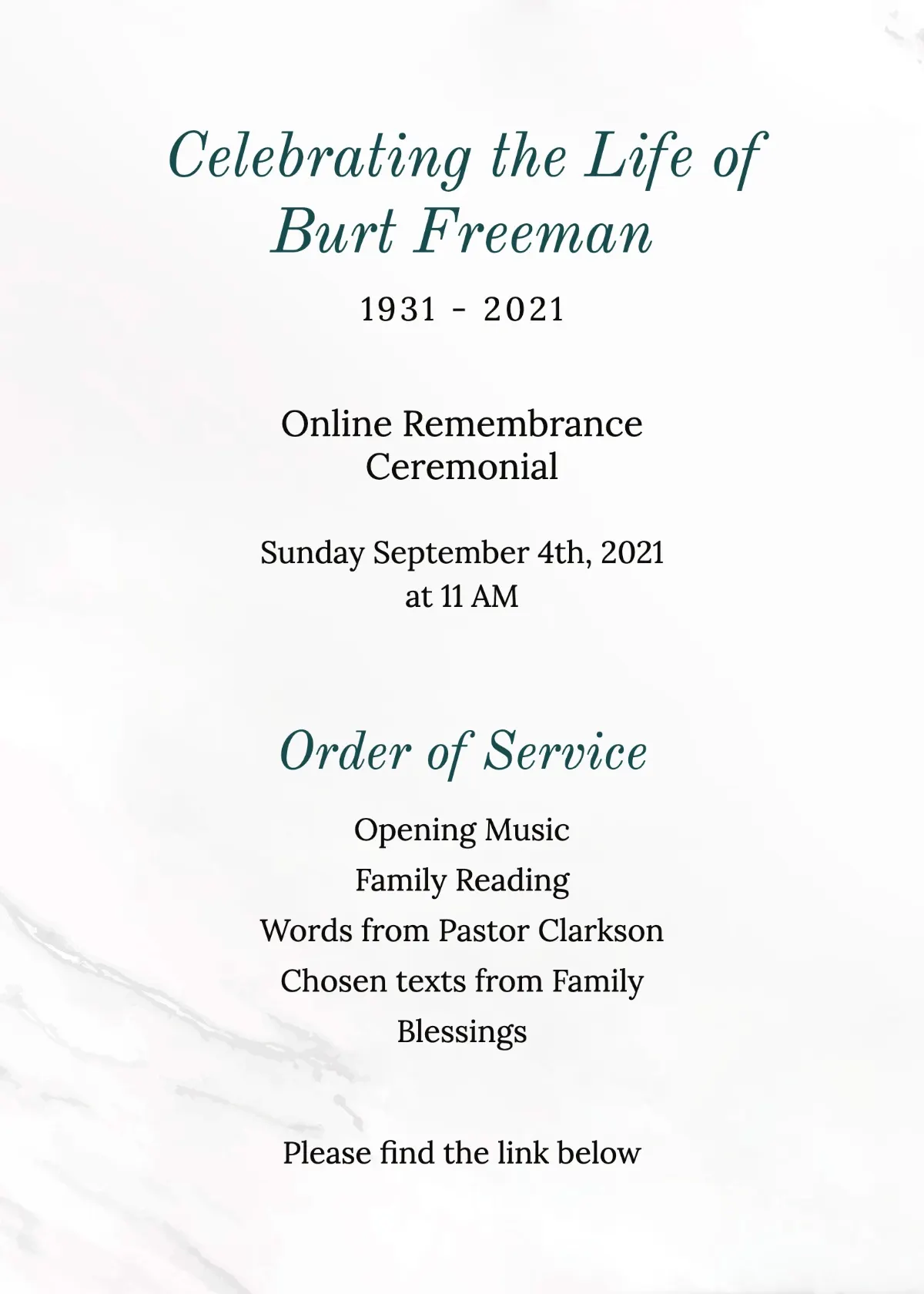 White and Green Marble Online Funeral Program Card