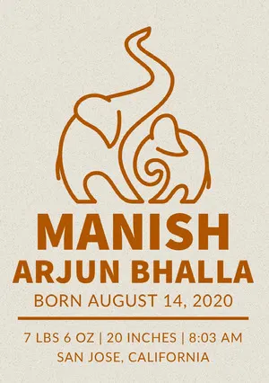 Brown Indian Birth Announcement Card with Elephants Birth Announcement