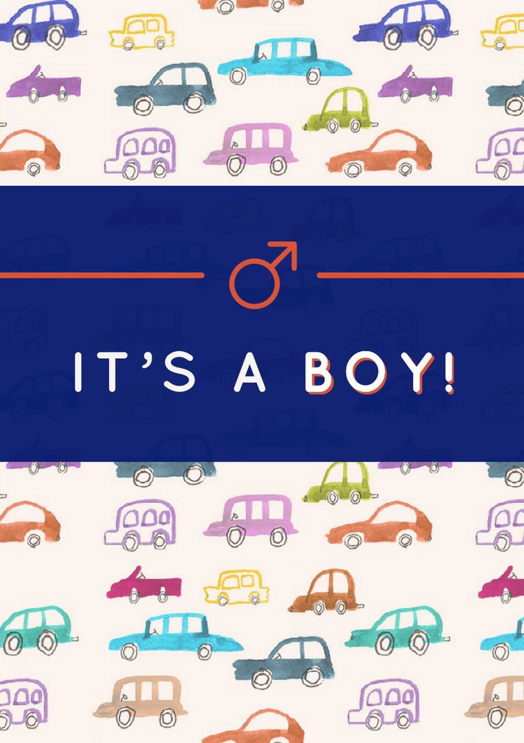 Boy Birth Announcement Card with Car Drawings
