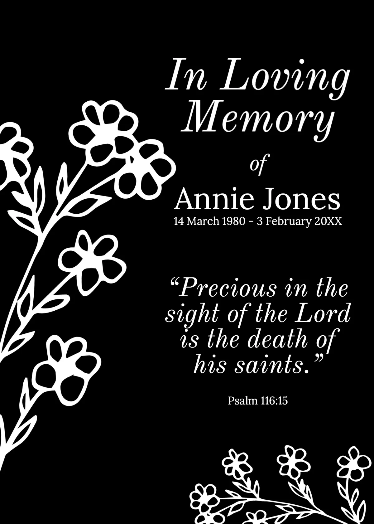 Black and White Floral Funeral Card