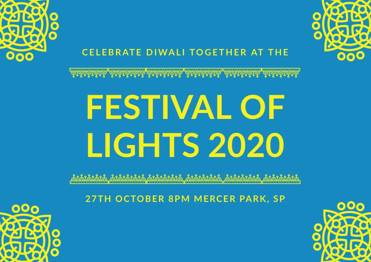 Blue and Yellow, Diwali Celebration Invitation Card
