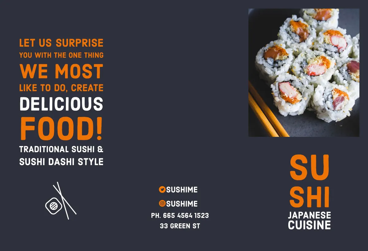 Grey, White and Orange Sushi Restaurant Ad, Brochure, Card