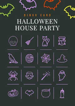 Black and Colorful Halloween Bat House Party Bingo Card Halloween Party Bingo Card