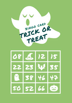 White and Green Ghost Trick Or Treat Halloween Party Bingo Card Halloween Party Bingo Card