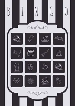 Black and White Stripes and Skull Illustrated Halloween Party Bingo Card Halloween Party Bingo Card