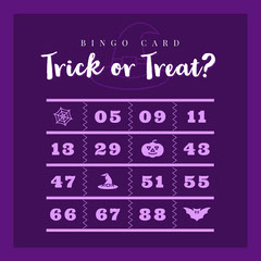Violet and White Halloween Trick Or Treat Party Bingo Card Halloween Party Bingo Card