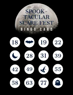 Black and White Moon Halloween Costume Party Bingo Card Halloween Party Bingo Card