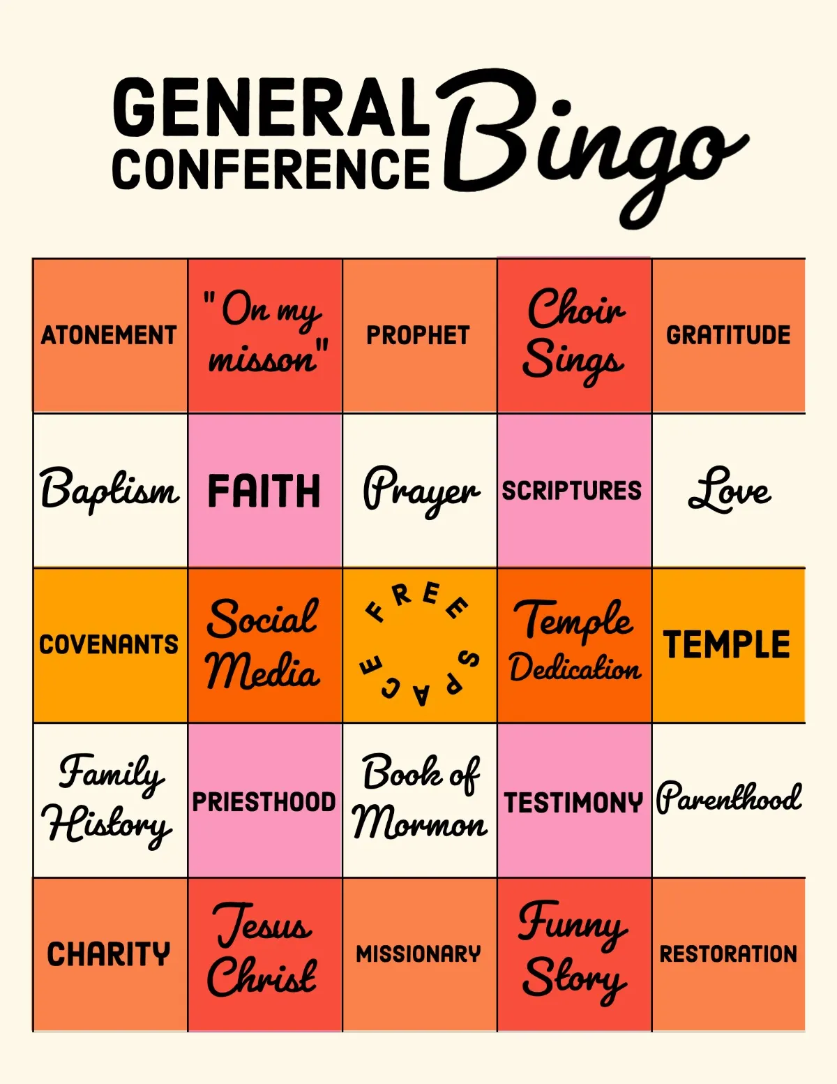 Orange and Pink General Conference Bingo