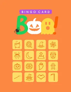 Orange and Yellow Boo Costume Halloween Party Bingo Card Halloween Party Bingo Card