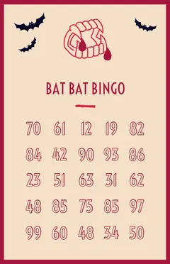 Beige and Red Vampire Fangs and Bats Halloween Party Bingo Card Halloween Party Bingo Card