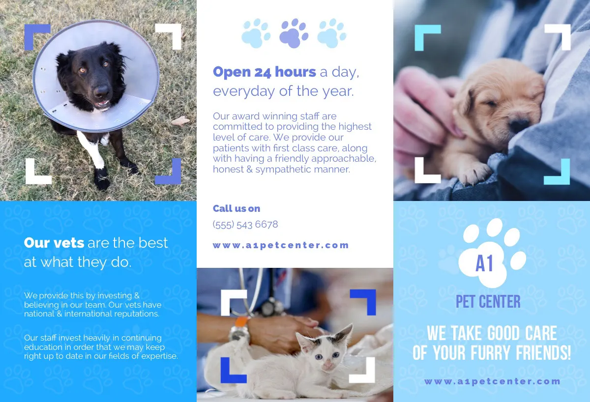 Blue Veterinary Brochure with Photos of Pets