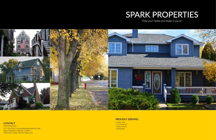 black and yellow bifold property brochure cover