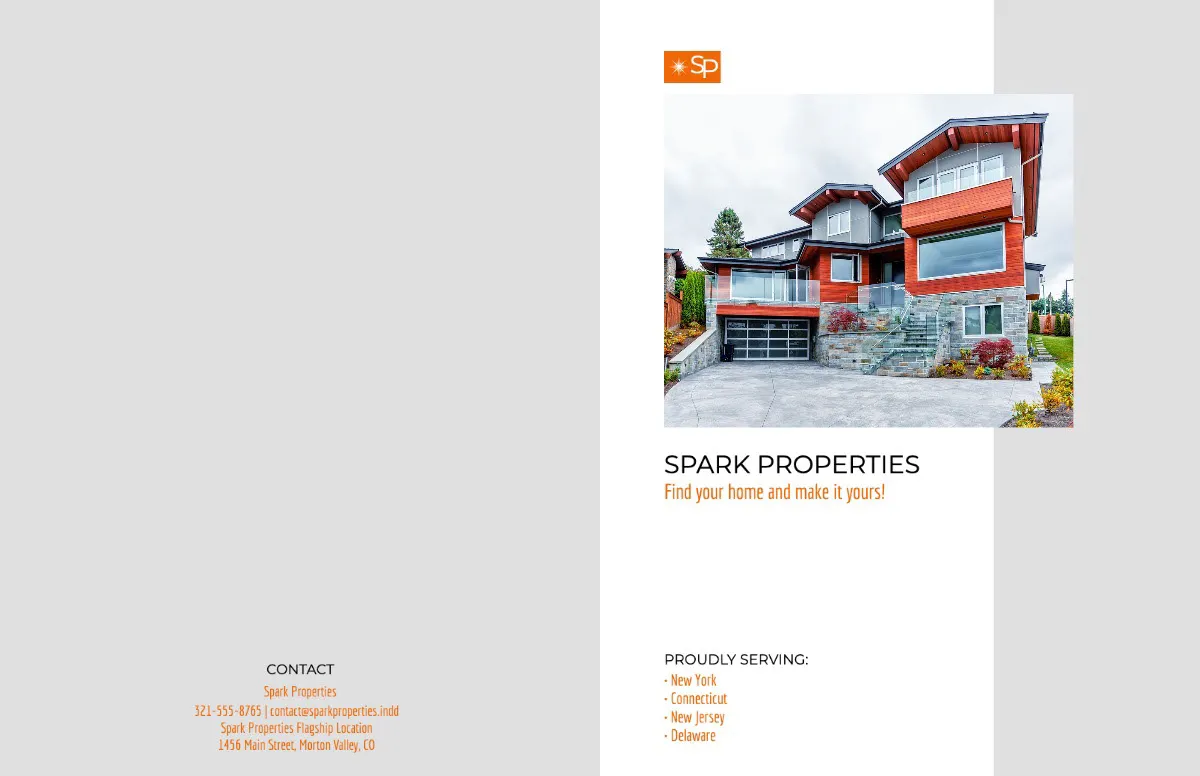 gray and orange bifold property brochure cover