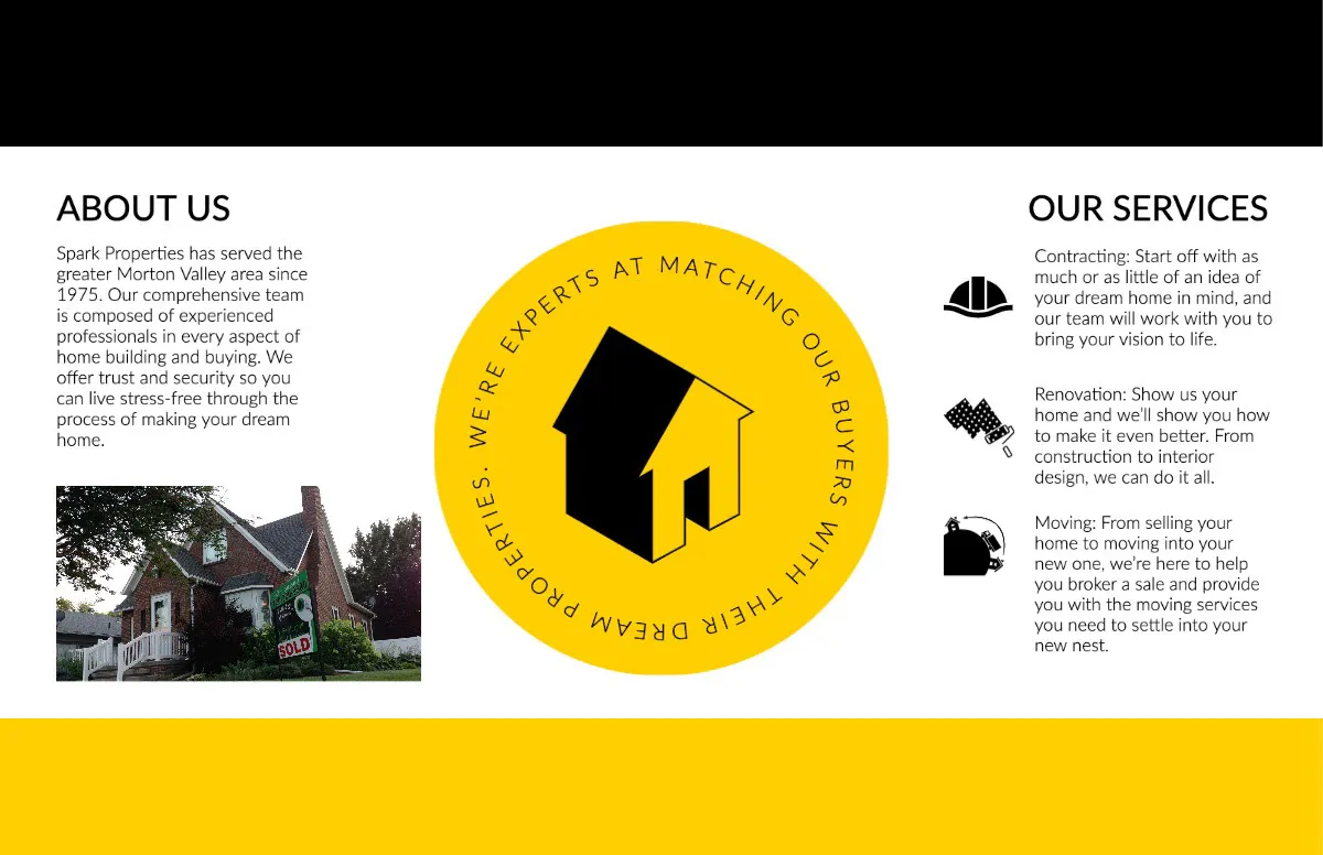 black and yellow bifold property brochure interior