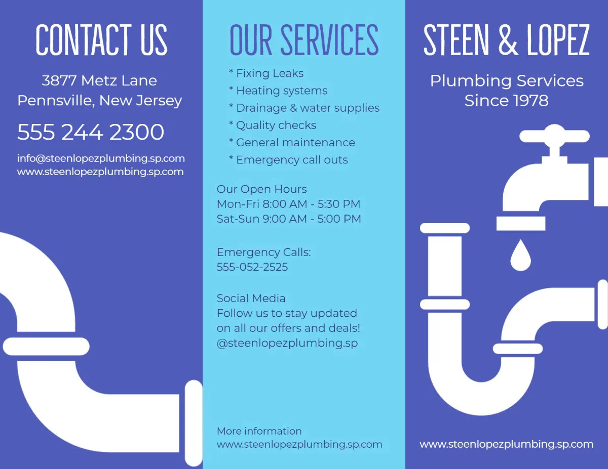 Blue And White Illustrated Plumbing Service Trifold Brochure