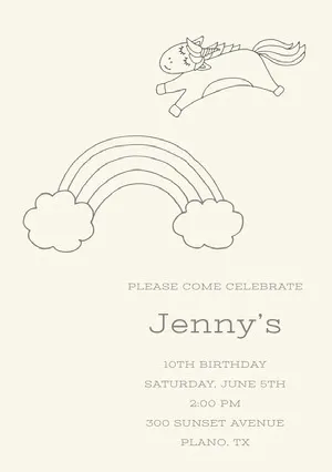 Black and White Illustrated Birthday Party Invitation Card with Rainbow and Unicorn Unicorn Birthday Card
