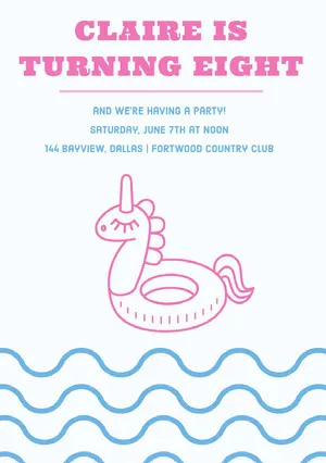 Pink and Blue Birthday Party Invitation Card with Unicorn Pool Float Unicorn Birthday Card