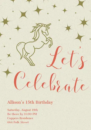 Gold and Red Illustrated Birthday Party Invitation Card with Unicorn Unicorn Birthday Card