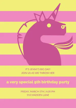 Yellow and Pink Illustrated Birthday Party Invitation Card with Unicorn Unicorn Birthday Card