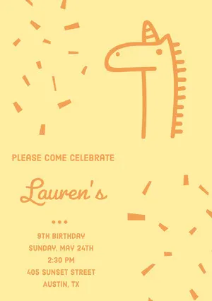 Yellow and Orange Birthday Party Invitation Card with Unicorn and Confetti Unicorn Birthday Card