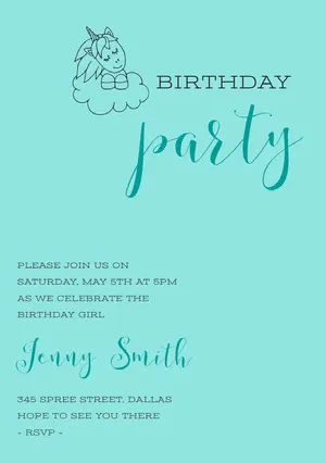 Light Blue Birthday Party Invitation Card with Unicorn Unicorn Birthday Card