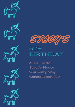 Blue and Orange Birthday Invitation Unicorn Birthday Card
