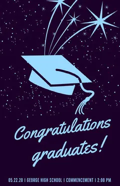 Blue Outer Space Style Illustrated Graduation Poster with Mortarboard Graduation Congratulation Card