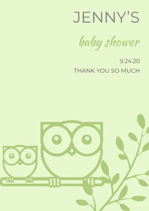Green Illustrated Thank You Baby Shower Card with Owls Baby Shower Card