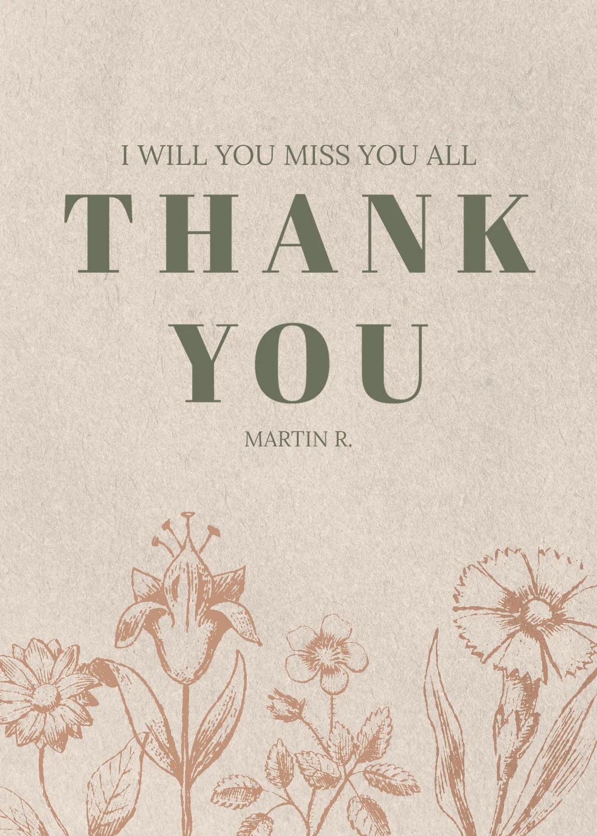 Beige Vintage Paper Texture Floral Elegant Goodbye and Thank You Card