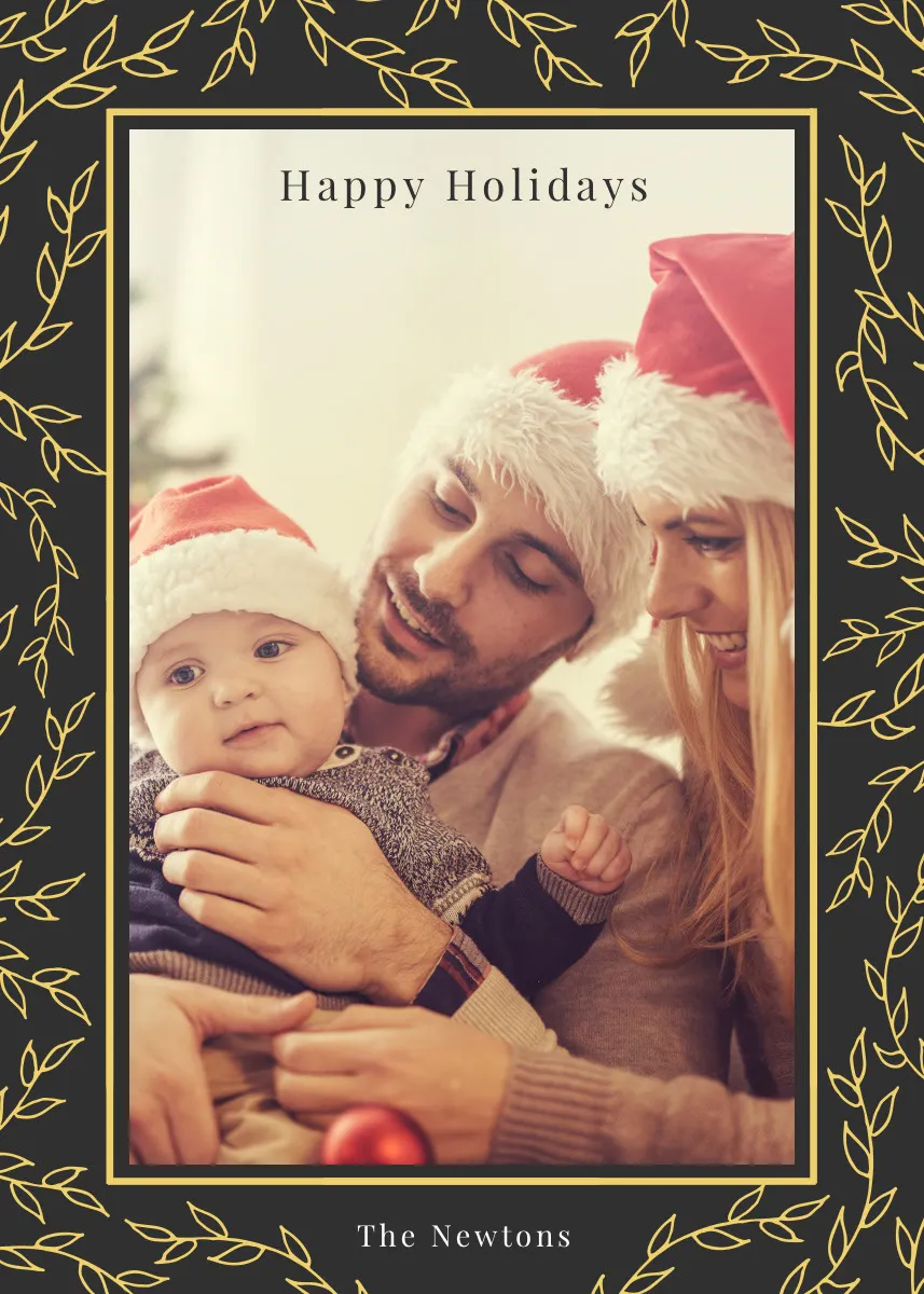 Yellow Floral Frame Happy Holidays Card with Photo of Family with Baby