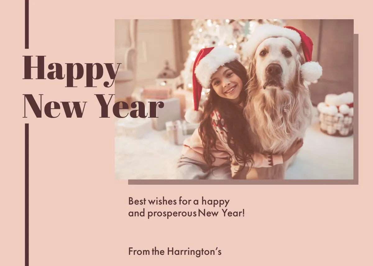 Beige Happy New Year Dog and Girl in Santa Hats Photo card