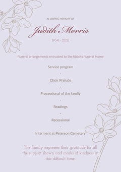 Purple Floral Line Illustration Funeral Service Program In Loving Memory