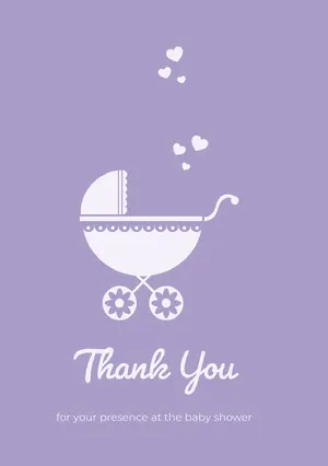 Purple Illustrated Thank You Baby Shower Card with Stroller Baby Shower Card