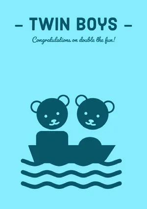 Blue Twins Birth Congratulations Card with Teddy Bear Illustration Congratulations Card