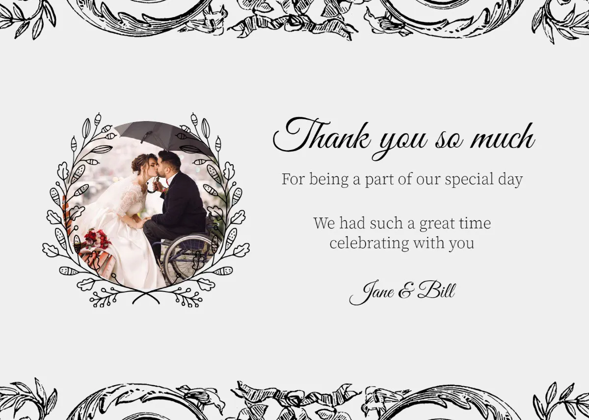 Black and Gray Ornate Photo Thank you Wedding Card