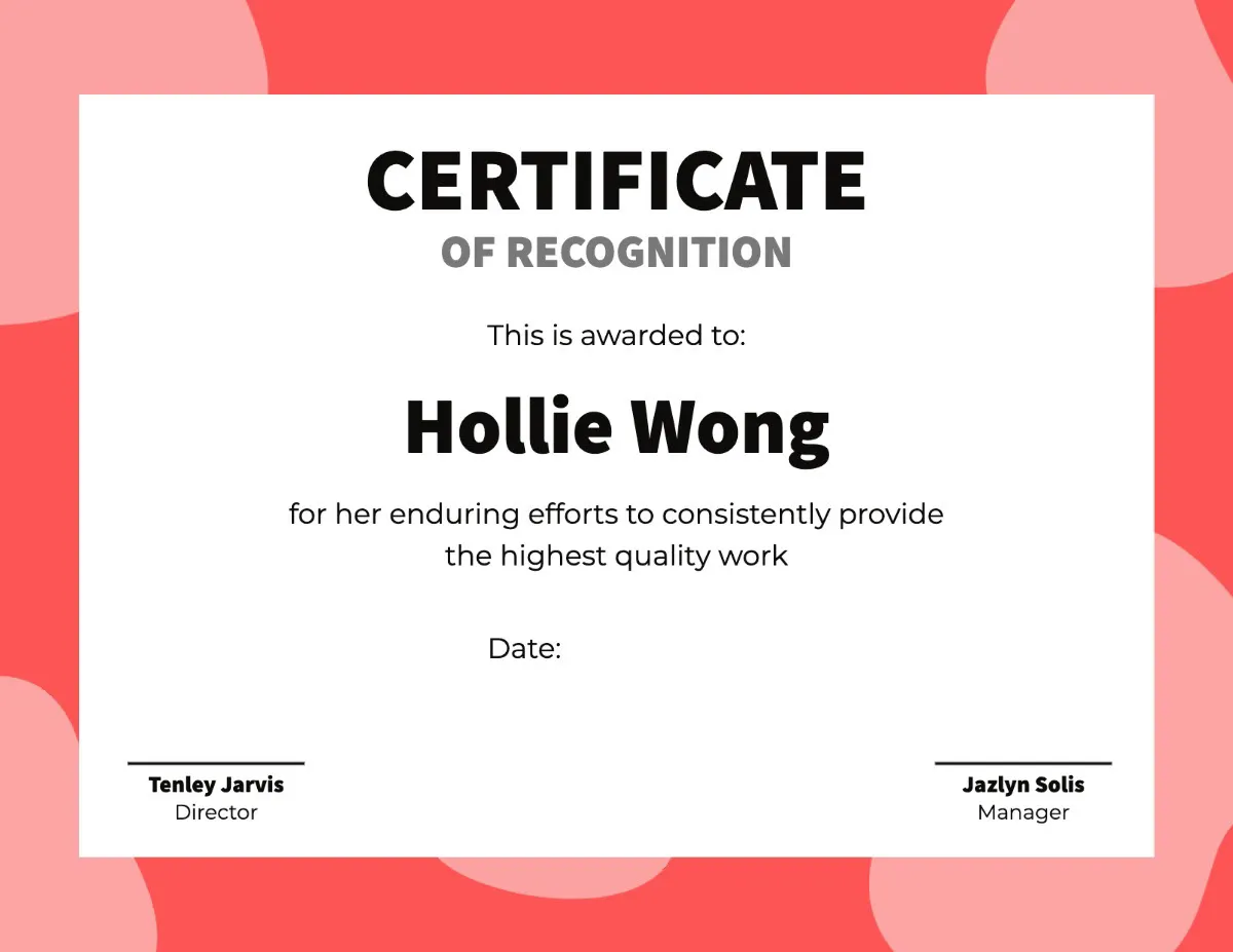 Red And Pink Bold Blob Certificate Of Recognition