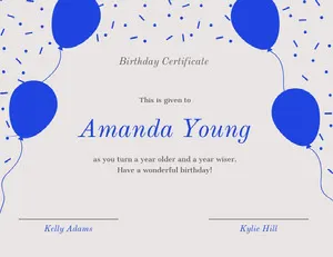 Blue Birthday Certificate with Balloons and Confetti Birthday Certificate