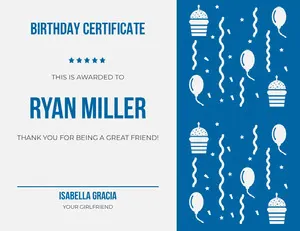 Blue Illustrated Birthday Certificate from Girlfriend Birthday Certificate