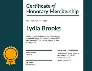 Dark Blue Book Club Honorary Membership Certificate with Medal Certificate of Membership